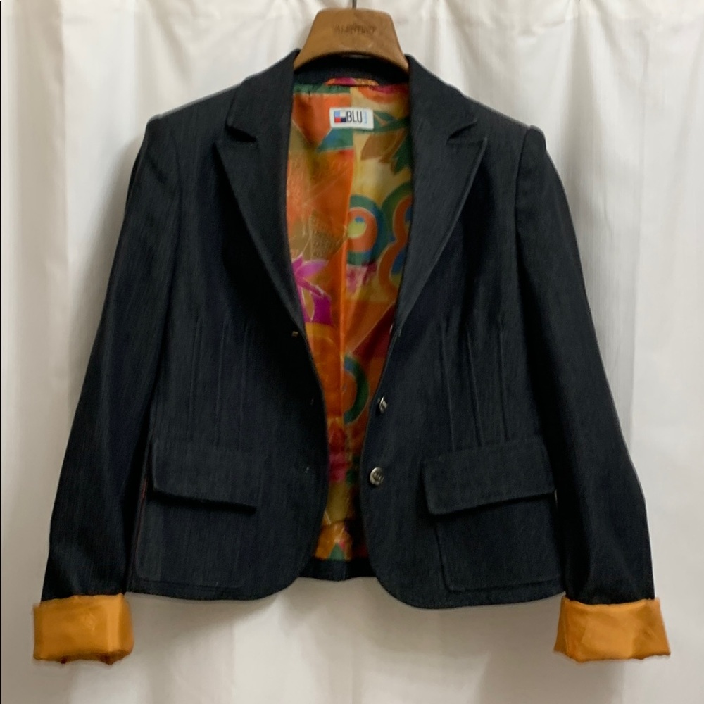 Vintage Black Denim Tailored Structured Blazer Jacket with Colorful Lining